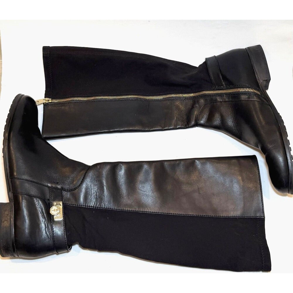 Tahari Bentley Riding Boots Womens 9.5M Black Leather Stretch Knee High Gold Zip